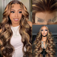 4/27 Highlight Lace Front Wigs Human Hair Body Wave Ombre Brown To Blonde 13X4 Hd Transparent Lace Frontal Wig Pre Plucked Blonde Highlights Body Wave Human Hair Wig With Brown Roots 180% Density