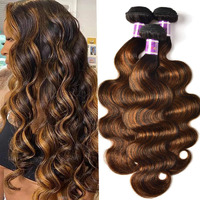 Unice Brown Highlight Body Wave Human Hair Weave 3 Bundles 24 26 28 Inch, Brazilian Remy Hair Ombre Blonde Human Hair Wavy Weaves Sew In Piano Color Tfb30
