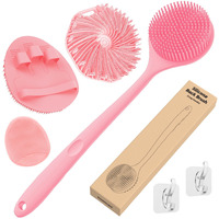 Manmihealth Silicone Back Scrubber & Soft Bath Glove Set 4 Pcs(Thin Bristles), Super-Exfoliating Body Scrubber & Super-Lathering Shower Face Brush Combination, With 2 Free Hooks (Pink)