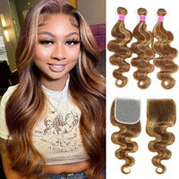 Ombre Highlight Human Hair Body Wave Bundles With 5X5 Closure 100% Unprocessed Brazilian Virgin Honey Blonde Human Hair 3 Bundles With Free Part Lace Closure