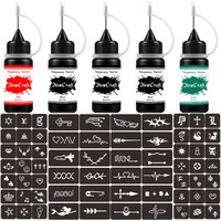 Temporary Tattoos Kit, Semi Permanent Tattoo, 3 Colors Diy Tattoos, Full Kit 64 Pcs Adhesive Stencil For Women Kids Men Body Markers - 5 Bottles (Black/Red/Green)