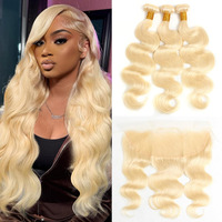 Mydiva 613 Bundles Human Hair With Frontal 24 26 28 + 20 Inch Blonde Body Wave Bundles With Frontal 13X4 Transparent Lace 100% Unprocessed Virgin Human Hair Weave Extensions With Frontal