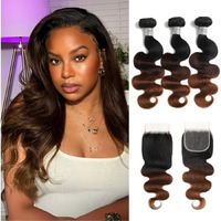 Auroo Chestnut Brown Ombre Bundles With Closure Human Hair Body Wave 18 20 22+16, 12A T1B/2/30 Medium Brown 3 Tone Colored Human Hair 3 Bundles With 4X4 Hd Lace Closure Free Part Brazilian Virgin Remy