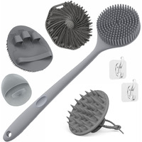 Manmihealth Silicone Back Scrubber & Soft Bath Glove, Silicone Scalp Massager Set 5 Pcs, Super-Exfoliating Body Scrubber Shower Brush & Shampoo Brush Combination, With 2 Free Hooks (Style 1 Gray)