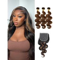 Anmetan 12A Brown Highlight Bundles With 5X5 Hd Lace Closure Body Wave 20 22 24+20 In, Thick F1B/30 Ombre Balayage Honey Blonde Colored Bundles With Transparent Closure 100% Remy Hair Wavy Double Weft