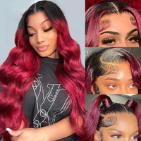 Avolo 30 Inch Ombre Lace Front Human Hair Wig T1B/99J Burgundy 13X4 Hd Body Wave Wine Red Colored Frontal 180% Density Glueless
