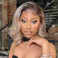 Ombre Milk Tea Blonde Bob Wig Human Hair Body Wave 200% Density Loose Wave 13X4 Hd Brown Roots With Ash Blonde Summer Bob Wig Pre Plucked With Baby Hair For Women 14 Inch