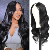 Ragmzze V Part Wig Human Hair Body Wave Upgrade U Part Glueless Wigs Human Hair Pre Plucked Pre Cut For Black Women 180% Density 4X4X1 Inch Middle Net Clip In Half Wig Natural Black 32 Inch