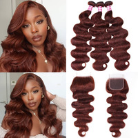 Unice Reddish Brown Body Wave Human Hair 3 Bundles With 4X4 Lace Closure Free Part Brazilian Remy Hair Copper Red Wavy Bundles And Closure Colored Human Hair Extensions 16 16 18+14 Inch Closure