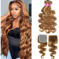 Honey Blonde Highlight Human Hair Body Wave Bundles With 5X5 Closure 100% Unprocessed Brazilian Highlight Body Wave 3 Bundles With 5X5 Transparent Swiss Lace Closure Piano Color