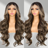 Babehers Brown Lace Front Wig For Women 13X4 Highlight Synthetic Wig Pre-Plucked Body Wave Long Wavy 150% Density Heat Resistant Hair For Daily Party Use 26 Inch