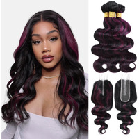 Alher 12A Black Mix Purple Highlight Bundles With 2X6 Closure Human Hair Body Wave, 100% Remy Hair #1B/Purple Burgundy Colored 3 Bundles With Long Deep Part Lace 2X6 Hd Lace Closure 10 12 14+10 Inch