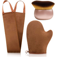 Funan Self Tanning Applicator Kit With Soft Mitt, Back Lotion Strap, And Ultra Soft Rose Gold Kabuki Brush, Brown, 3 Piece Set