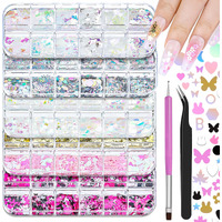 5 Boxes 60 Colors Holographic Nail Art Sequins Kit, Iridescent Sparkle Laser Hollow 3D Star Butterfly Heart Round Mixed-Shapes Nail Glitter Flakes For Manicure Body Makeup Craft Diy (2-Colorful-Kit2)