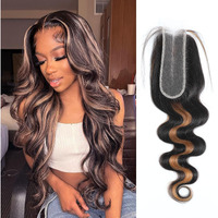 Dsekcain Body Wave 2X6 Hd Lace Closure P1B/30 Highlight Brown Black Human Hair Transparent Lace Closure 2X6 Long Deep Middle Part 100% Raw Virgin Human Hair 12 Inch 150% Density