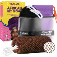 Thurlady African Net Sponge Authentic With Knots, African Scrub Bath Net, 2 Pieces Exfoliating Body Back Scrubber For Shower, Gentle Exfoliating Washcloth, With 1 Soap Bag (Black & Coffee)