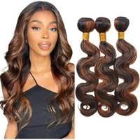 Niciitysi 12 14 16 Inch Highlight P1B30 Body Wave Bundles Human Hair Ombre Two Tone Black And Brown Bundles Double Weft Brazilian Hair Extensions Silky And Soft Light Brown Color