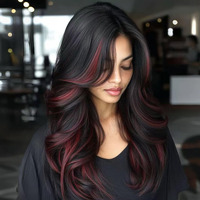 Jolelyne Highlight Burgundy Layered Wavy Wig With Curtain Bangs For Women Synthetic Black Mixd Red Highlights Wig Long Curly Natural Body Wave Butterfly Hair For Daily Party Use 24Inch Mixd Red