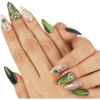 Lydelog Handmade Press On Nails, Medium Almond Hand-Painted False Nails With Jelly Glue, Salon Quality Nail Art Sets In Almond Nails 10 Pcs (Verdant Sunburst, M)