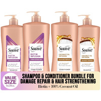 Suave Shampoo And Conditioner Set, Coconut Oil Infusion + Biotin Infusion -  Hair Repair & Strengthening Hair Care Bundle, 28 Oz Ea (4 Piece Set)