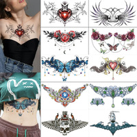 Glaryyears Chest Underboob Temporary Tattoo For Women, 10-Pack Large Floral Fake Realistic Tattoos, Long-Lasting Creative Removable Tattoo Stickers, Butterfly Skull Tramp Stamp Sketch On Body