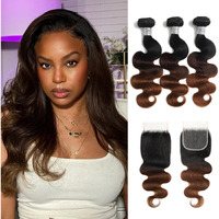 Auroo Chestnut Brown Ombre Bundles With Closure Human Hair Body Wave, 12A T1B/2/30 Medium Brown 3 Tone Colored Human Hair 3 Bundles With 4X4 Hd Lace Closure Free Part Brazilian Virgin Remy 10 12 14+10