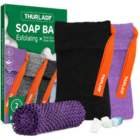 Thurlady Reusable Deep Exfoliating Soap Bag, 2 Pack Bar Soap Pouch, With 1 African Net Sponge, Exfoliating Body Scrubber, Body Sponges For Shower, Bath Loofah, With 1 Travel Pouch