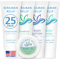 Bergman Kelly - Hotel Toiletries Bundle - White Tea, 1 Oz Each, 125 Pieces - 5-Piece Set: 25 Each Round Bar Soap, Shampoo, Conditioner, Body Lotion & Body Wash - Bulk Mini Guest Amenities