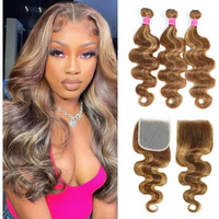 Honey Blonde Highlight Body Wave Bundles With 5X5 Closure 100% Unprocessed Brazilian Ombre Body Wave Human Hair 3 Bundles With 5X5 Lace Closure Human Hair Bundles Piano Color