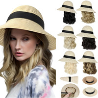 Cephermer Sun Hat, Straw Hat Wig Detachable Adjustable Cap With 12 Inch Synthetic Wavy Hair Extensions Foldable For Women Summer Beach Outdoors Ash Blonde