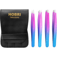 Tweezers Set, Eyebrows Tweezers Set Professional Stainless Steel Tweezers Set - 4 Pieces With Leatherette Travel Case Perfect For Facial Hair, Beauty And Personal Care Tool (Pink/Blue)