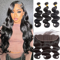 Fulfildrm Body Wave Human Hair Bundles With Frontal (16 18 20+14) 100% Unprocessed Brazilian Virgin Human Hair Weave Extensions 3 Bundles With 13X4 Hd Transparent Lace Frontal Clsoure