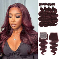 Alher 12A 99J Dark Burgundy Body Wave Bundles With 4X4 Lace Closure Human Hair, 99J Purplish Wine Red Colored 100% Unprocessed Virgin Remy Hair 4 Bundles With 4X4 Hd Lace Closure 14 14 16 18+14 Inch