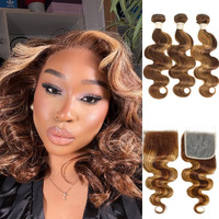 Alher #P4/27 Honey Blonde Highlight Bundles With 5X5 Lace Closure Body Wave, Balayage Ombre Brown 12A 100% Human Hair 3 Bundles And 5 By 5 Hd Lace Closure Free Part Baby Hair 10 12 14 +10