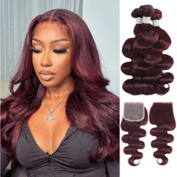 Alher 12A 99J Dark Burgundy Body Wave Bundles With Closure Human Hair, 99J Purplish Wine Red Color 100% Unprocessed Virgin Remy Hair 3 Bundles With 4X4 Lace Closure 10 12 14+10
