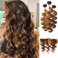 Alher 4/27 Honey Blonde Highlight 3 Bundles With 13X4 Frontal (16 18 20 + 16), 12A Balayage Ombre Honey Brown 100% Virgin Remy Hair Bundles Body Wave,With Ear To Ear Hd Lace Frontal Closure Free Part
