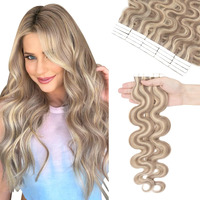 Hairro Tape In Human Hair Extensions Body Wave 14 Inch Sandy Beige Mix Light Blonde Highlight Balayage 40G/Pack 20Pcs Skin Weft Glue In Hairpieces Invisible Double Sided Tape
