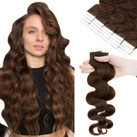 Hairro Tape In Human Hair Extensions 22 Inch Long Wavy #4 Medium Brown 50G Thin Seamless Skin Weft Glue In Body Wave Human Hairpieces 20Pcs/Pack For Women