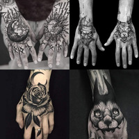 Oottati Waterproof 6 Sheets Back Of Hand Fake Temporary Tattoo Stickers - Black Gothic Finger Letter Moon Sun Totem Clown Cat Horro Flower