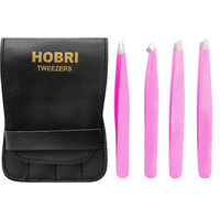 Tweezers Set, Eyebrows Tweezers Set Professional Stainless Steel Tweezers Set - 4 Pieces With Leatherette Travel Case Perfect For Facial Hair, Beauty And Personal Care Tool (Plane Pink)