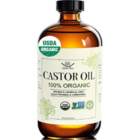 Castor Oil Organic Cold Pressed Unrefined Glass Bottle 100% Pure For Hair Growth Eyelashes Brows Castor Oil Packs, Natural Skin Moisturizer, Usda Certified Hexane Free Vegan 16 Oz (473Ml)