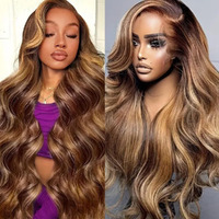 Belaved Ombre Highlight Lace Front Wigs Human Hair Body Wave Honey Brown Blonde 13X4 4/27 Wig Human Hair With Free Part Pre Plucked Hd Frontal 180 Density Glueless Colored 28Inch