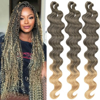Cookoo 3 Packs Body Wave Braiding Hair 24 Inch Pre-Feathered Ombre Bouncy French Curl Wavy Braiding Hair Wavy Texture Braids Ocean Deap Twist Synthetic Hair Extensions For Women(T27#)