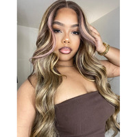 Fancee Brown And Pink Wavy Wig Neapolitan Brown Loose Body Wave Long Wig With Blonde Highlight And Pink Tendril 28 Inch Curly Wavy Synthetic 3 Tones Mix Wig For Party Daily Chic Balayage Style
