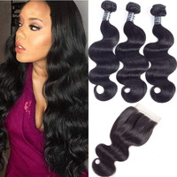 Amella Hair Brazilian Body Wave 3 Bundles With Closure (20 22 24+20 Closure)100% Unprocessed Body Wave Human Hair Weave With 4X4 Three Part Lace Closure Natural Black Color