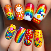 Rainbow Press On Nails Medium Square False Nails With Sun Design Colorful Flower Fake Nails Cute Cloud Glue On Nails Glossy Summer Stick On Nails Reusable Acrylic Nails For Women Girls Manicure 24Pcs