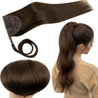 Runature Human Hair Ponytail Brown Clip In Ponytail Extension Human Hair Wrap Around Real Hair Ponytail Extension With Magic Paste 16 Inch 80G #4 Medium Brown