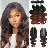 Anmetan 1B/2/30 Ombre Bundles With 2X6 Closure Body Wave Human Hair 16/18/20+16 In, 12A Chestnut Brown 2X6 Hd Lace Closure Deep Part Closure And 3 Bundles Soft Glossy 3 Tone Weave Wavy With Dark Roots