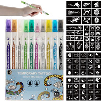Wormhole Tattoo 10Pcs Skin-Friendly, Dual-End, Tattoo Stencils For Body And Face, Easy To Use Art Markers Kit For Creative Kids And Adults - Vibrant/Multicolor/Assorted Inks