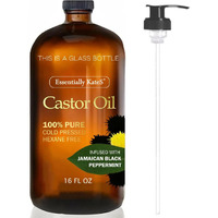 Essentially Kates Castor Oil 16 Fl Oz (Glass Bottle) - Jamaican Black + Peppermint - A Huge Glass Bottle With A Pump - 100% Pure And Natural, Cold Pressed, And Hexane-Free - Hair, Body